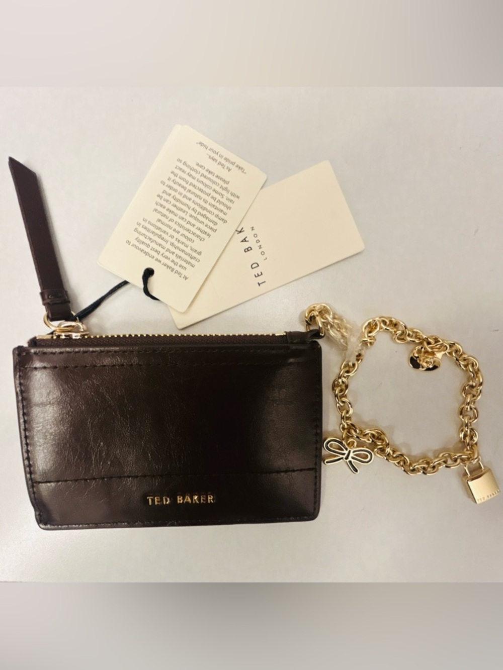 Ted Baker Dark Brown Leather Gold Chain Bow Charm Wristlet NWT